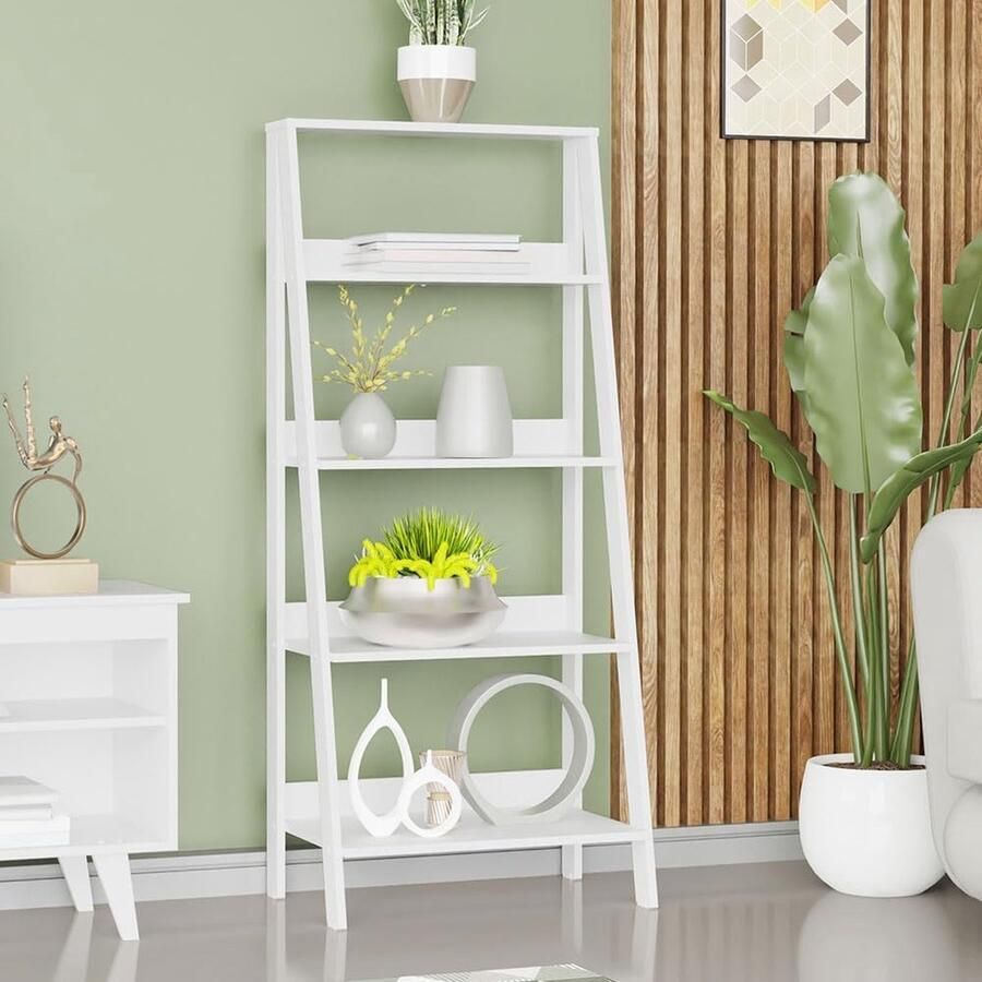 Boekenkast met 5 planken Ladderplank met opbergruimte Vrijstaande Hout 135 x 38 x 61 cm Wit