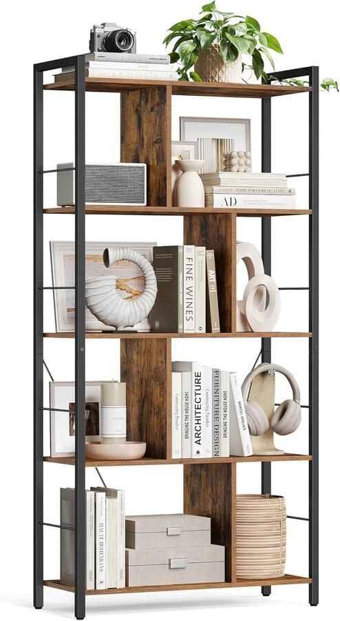 VASAGLE Boekenkast 5 verdiepingen woonkamer plank industriële opbergplank met open vakken voor thuiskantoor slaapkamer industriële stijl rustiek bruin en zwart