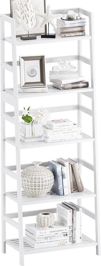 Boekenkast met 5 verdiepingen volwaardig bamboe hoge prestatie vrijstaande open houten plank moderne hoekstandaard voor woonkamer thuiskantoor badkamer wit