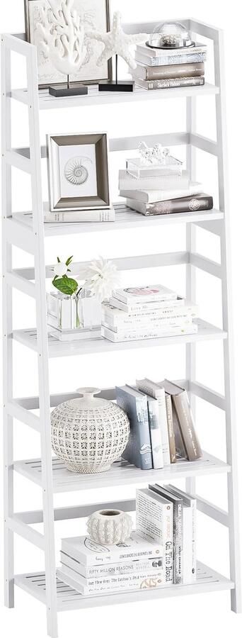 Retadou Boekenkast met 5 verdiepingen volwaardig bamboe hoge prestatie vrijstaande open houten plank moderne hoekstandaard voor woonkamer thuiskantoor badkamer wit