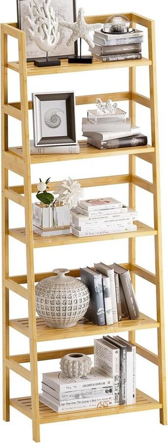 PolkaHome Boekenkast met 5 verdiepingen volwaardige bamboe high-performance boekenkast vrijstaande open houten plank moderne hoekstandaard voor woonkamer thuiskantoor badkamer natuur