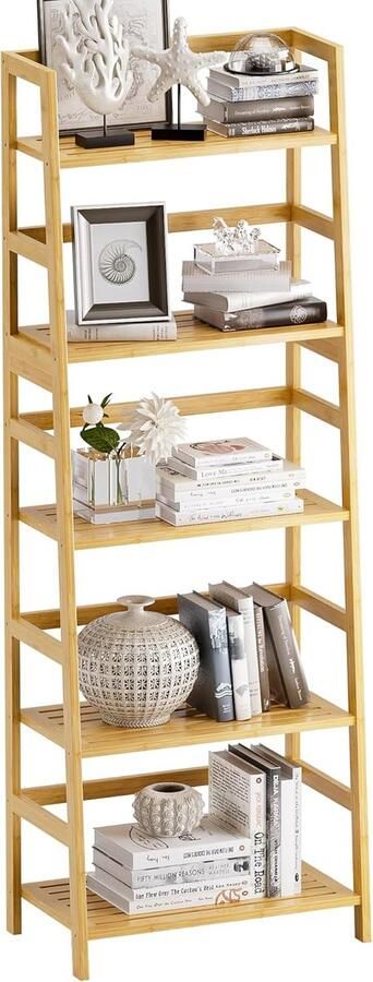 Boekenkast met 5 verdiepingen volwaardige bamboe high-performance boekenkast vrijstaande open houten plank moderne hoekstandaard voor woonkamer thuiskantoor badkamer natuur