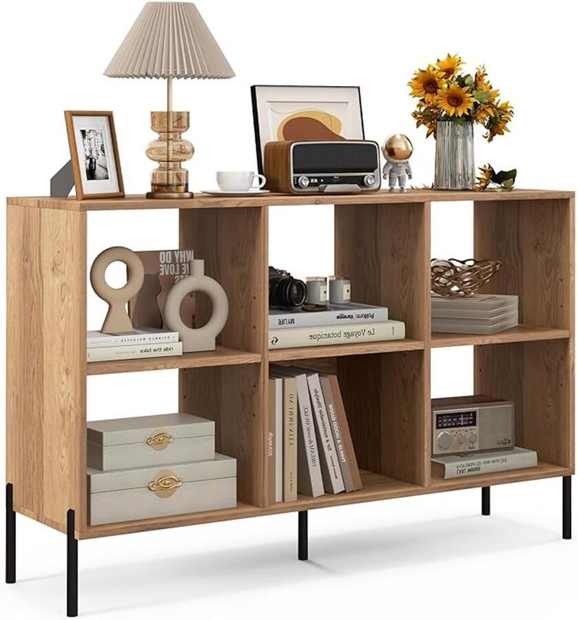 Boekenkast met 6 kubussen – Lage houten kast met verstelbare plank ruimtebesparend en multifunctioneel 120x35x79 5 cm