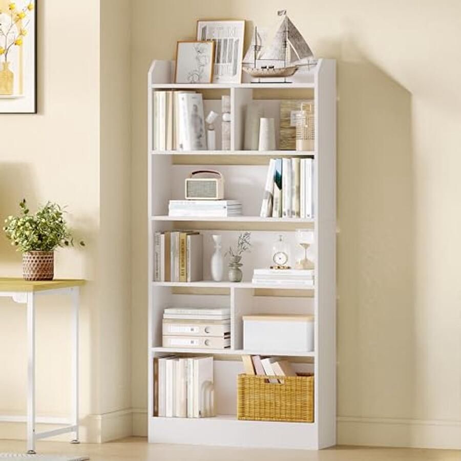 Boekenkast met 6 Lagen en 8 Verdeelde Secties voor Woonkamer en Thuiskantoor Vrijstaande Display Organizer Wit 24 x 80 x 170 cm
