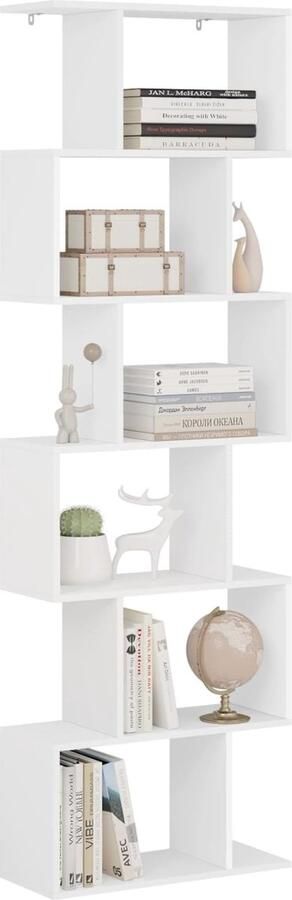 Boekenkast met 6 niveaus boekenkast staand rek opbergrek kantoorrek ruimteverdeler S-vormig modern voor woonkamer slaapkamer kantoor 60 x 189 5 x 24 cm wit