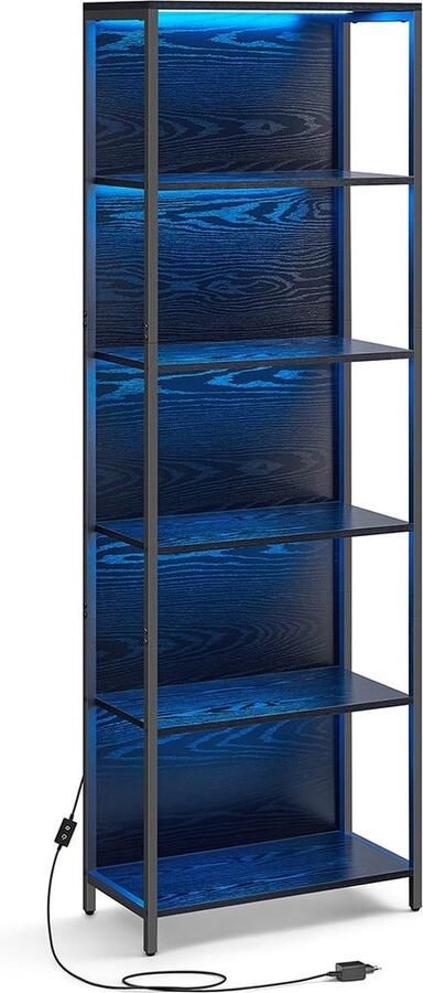 Rootz Living Rootz Boekenkast met 6 niveaus en verlichting Displayplank Opbergorganisator Staal en spaanplaat Ebbenhout Zwart 30 3 cm x 60 cm x 178 6 cm