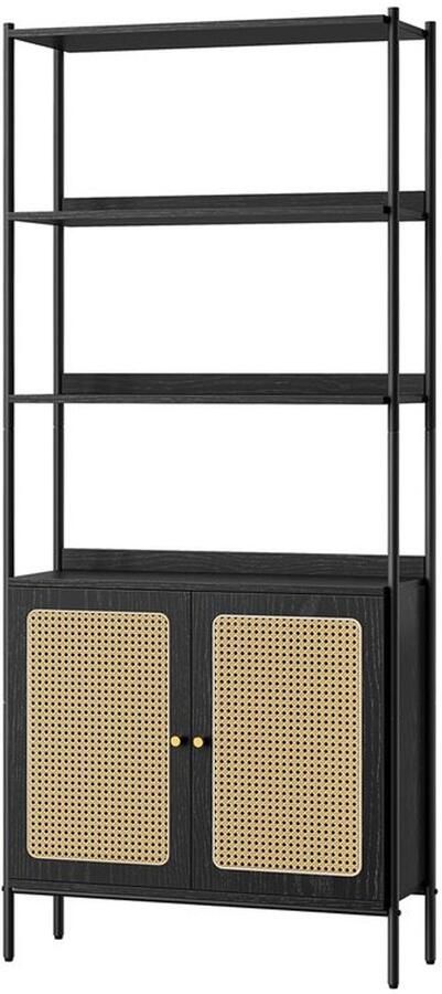 Boekenkast met 6 niveaus hoge plank staande plank deur met rotanlook Boho-stijl metalen frame verstelbare plank voor woonkamer ebbenhout-matzwart