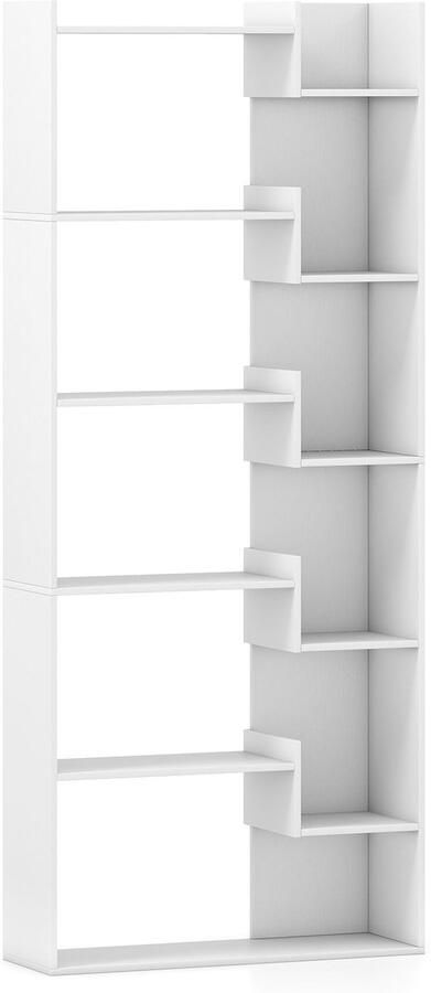 Boekenkast met 6 Niveaus – Houten Plankenkast met 11 Open Planken – Inclusief 2 Kantelbeveiligingen en Praktische Glijders – wit Opbergmeubel