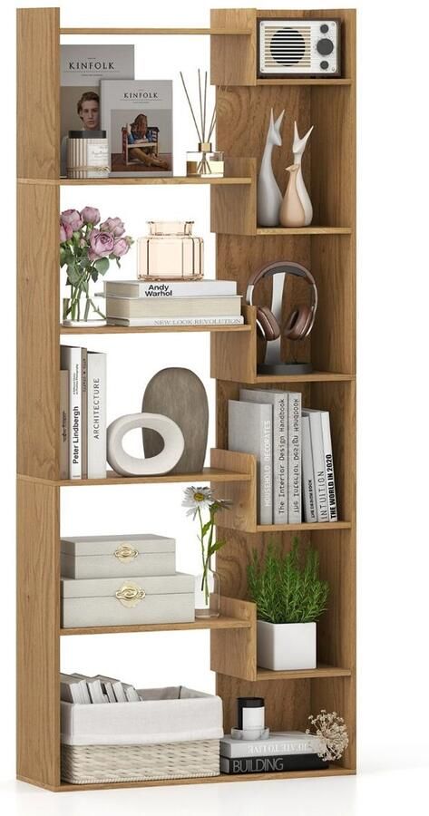 Boekenkast met 6 Niveaus – Houten Plankenkast met 11 Open Planken – Inclusief 2 Kantelbeveiligingen en Praktische Glijders – Natuurlijk Opbergmeubel