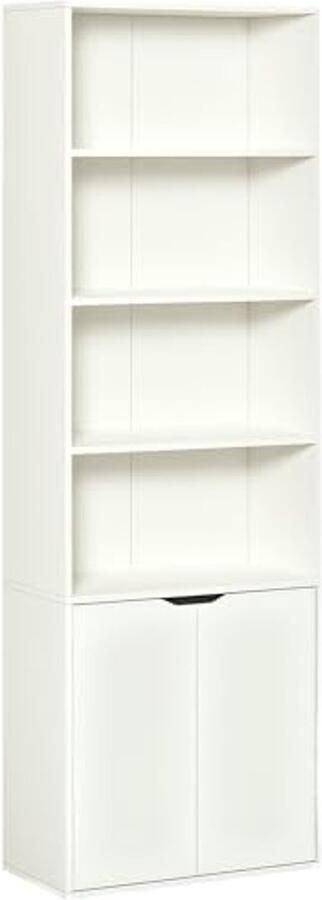 Boekenkast met 6 Niveaus Opslagkast met Open Compartimenten en Deuren 59 x 29 x 180 cm Ideaal voor Woonkamer Slaapkamer en Kantoor Wit