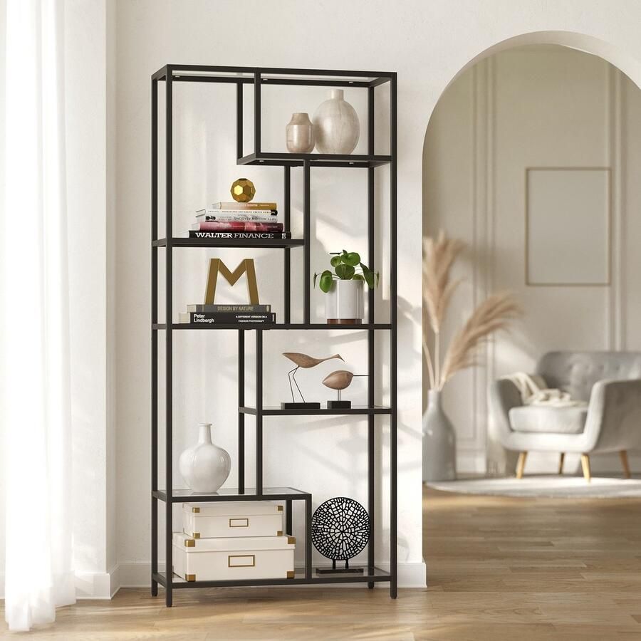 Boekenkast met 6 niveaus plank met planken van gehard glas staande plank