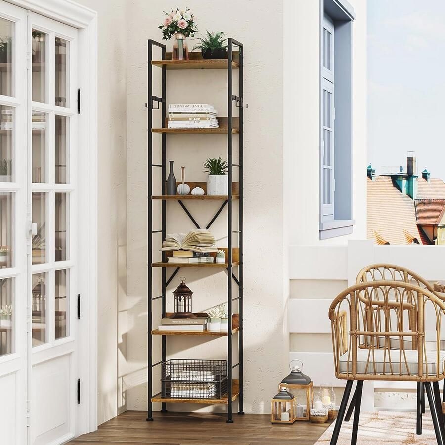 Boekenkast 6 niveaus vloerstaande boekenplank met 4 haken houten plank en metalen frame boekenrek industriële hoge plank opslag voor woonkamer thuiskantoor grijze boekenplank