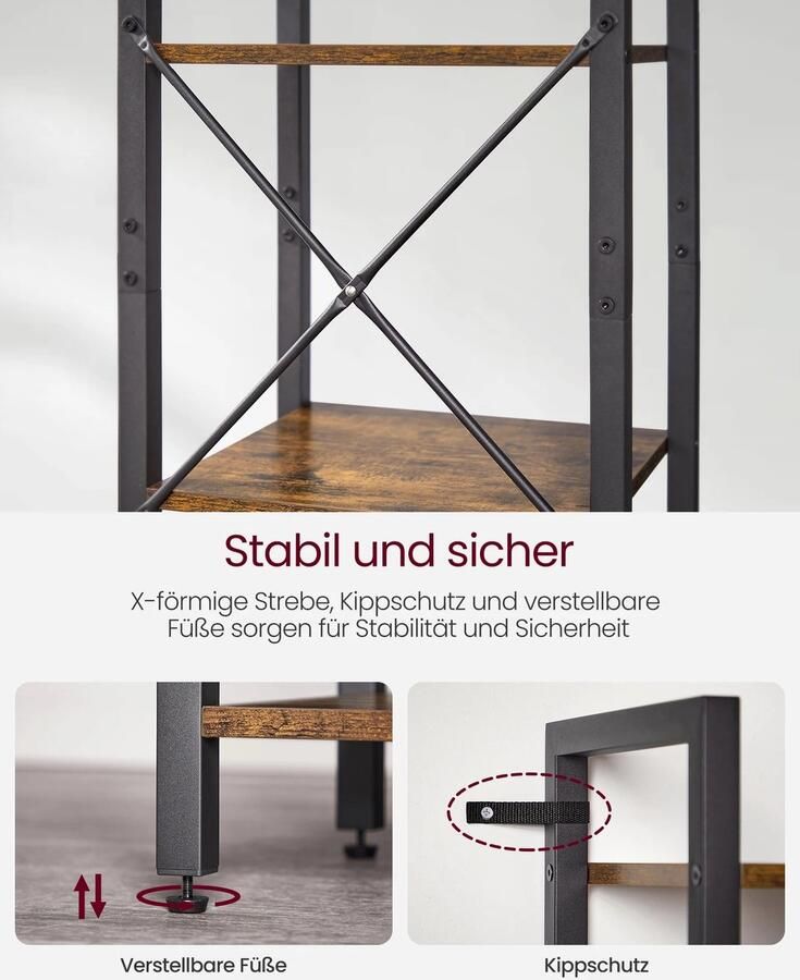 Boekenkast met 6 planken 40x30x187 5 cm Industrieel design Vintabruin met zwart Metalen frame X-vormige versteviging 50 kg draagvermogen Verstelbare pootjes Inclusief kantelbeveiliging Smal en ruimtebesparend