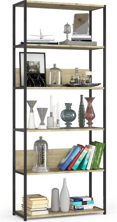 Boekenkast met 6 Planken 80 cm Breed Industrie Loft Stijl Open Skeleton Constructie Staande Plank Hout Metaal voor Keuken Slaapkamer Kantoor Metalen Frame Plank Zwart Artisach Eiken