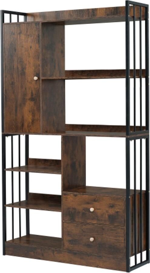 Boekenkast met 6 planken deuren en laden boekenkast van vloer tot plafond industriële boekenkast stalen plank antiekbruin