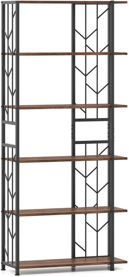 Boekenkast met 6 Planken – Moderne Geometrische Kast met Duurzaam Metalen Frame Wit Rustiek Bruin