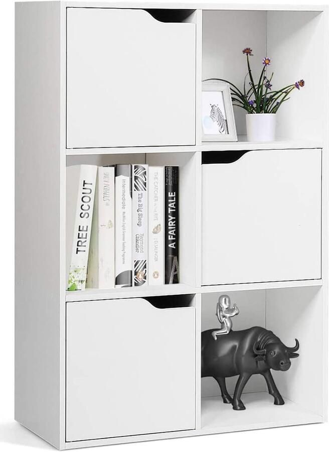 Boekenkast met 6 Vakken en 3 Deuren Ruimtebesparend Opbergrek voor Kantoor en Woonkamer