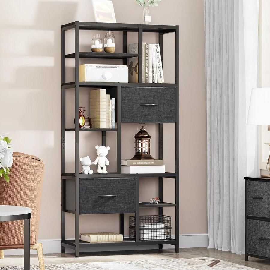 Boekenkast met 7 lagen laden en stalen frame in zwart Industriële vloerstaande opbergrek voor woonkamer kantoor studeerkamer hal en keuken Ruime boekenplank