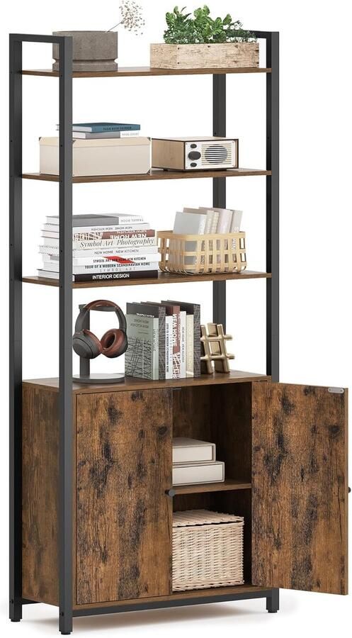 Sierra 6-laags verticale boekenkast met deur metalen frame verstelbare planken 24 x 60 x 159 5 cm voor woonkamer slaapkamer rustiek bruin en inktzwart
