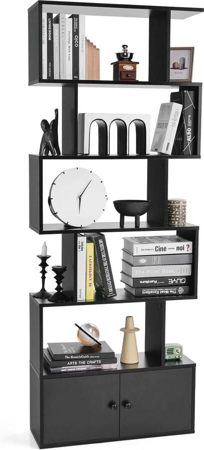 Boekenkast met Deuren 5 Niveaus Ruimteverdeler van Hout voor Woonkamer en Slaapkamer Zwart