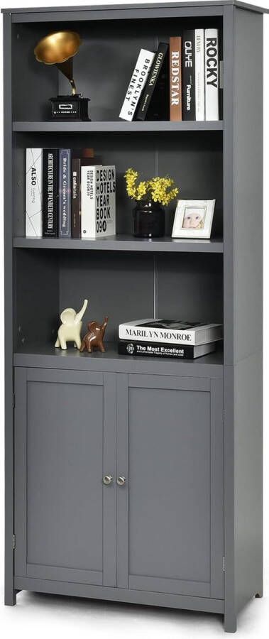 Boekenkast met deuren hoge kast met 3 open planken staand rek archiefkast kantoorrek voor woonkamer kantoor 74 5 x 35 5 x 181 5 cm grijs