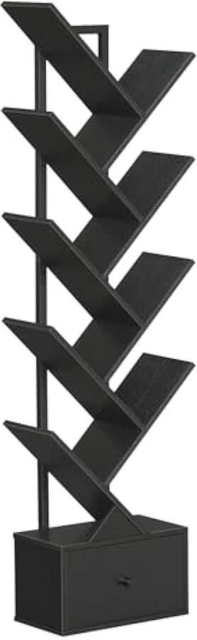 Boekenkast met lade 9-laags vrijstaande boekenkast boomvormige boekenplank dvd-plank vrijstaande boekentoren voor woonkamer slaapkamer thuiskantoor zwart EBK 18 SJ 01 G 1