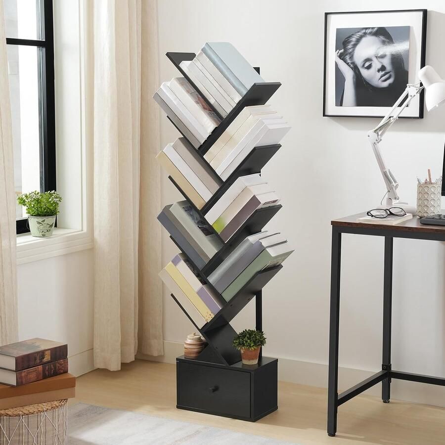 Boekenkast met lade staand rek met 9 niveaus boomvormige boekenkast dvd-plank boekentoren vrijstaand voor woonkamer slaapkamer thuiskantoor zwart