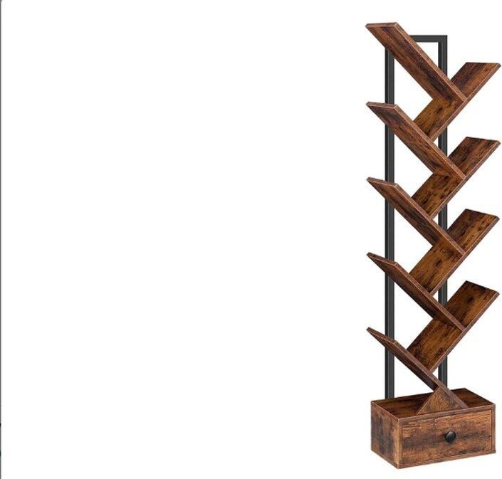 Boekenkast met lade staand rek met 9 niveaus boomvormige boekenkast dvd-plank boekentoren vrijstaand voor woonkamer slaapkamer thuiskantoor vintage bruin