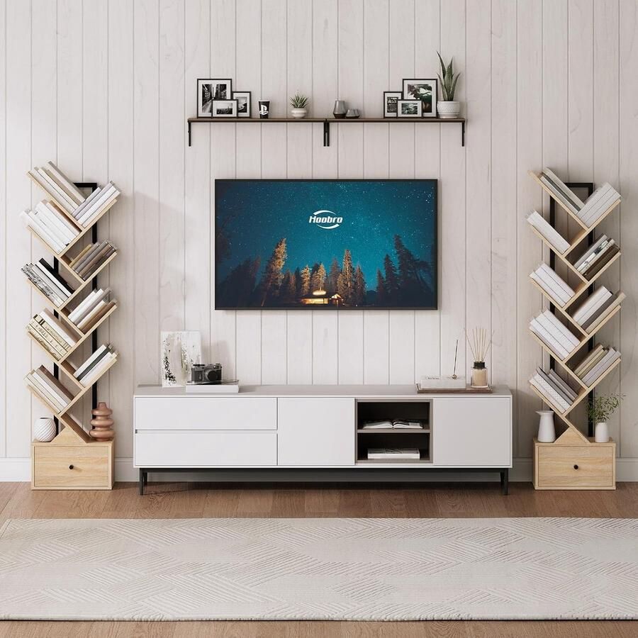 Boekenkast met lade staand rek met 9 niveaus boomvormige boekenkast dvd-plank boekentoren vrijstaand voor woonkamer slaapkamer thuiskantoor natuurlijke houtkleur en zwart