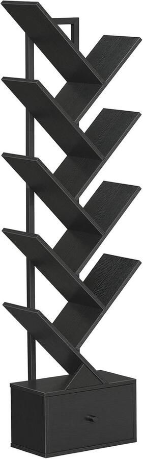 Retadou Boekenkast met lade staand rek met 9 niveaus boomvormige boekenkast dvd-plank boekentoren vrijstaand voor woonkamer slaapkamer thuiskantoor zwart