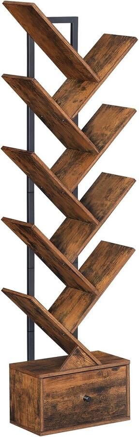 Retadou Boekenkast met lade staand rek met 9 niveaus boomvormige boekenkast dvd-plank boekentoren vrijstaand voor woonkamer slaapkamer thuiskantoor vintage bruin