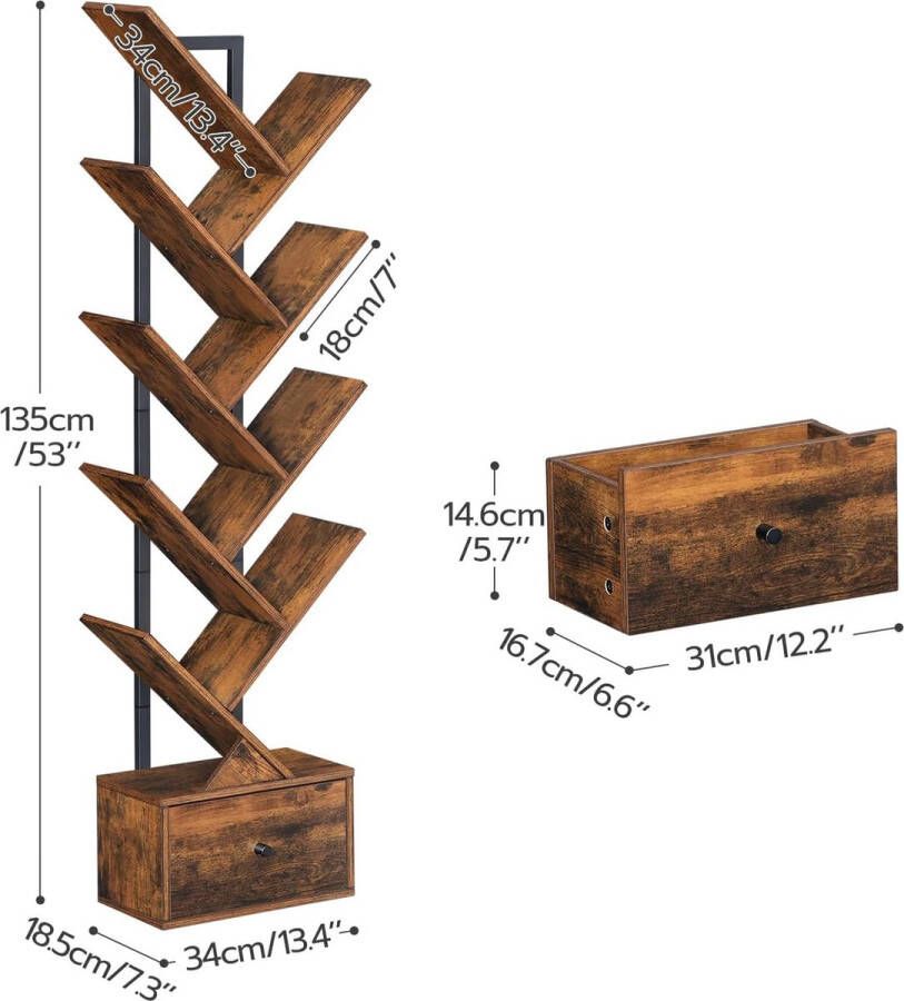 Boekenkast met lade staand rek met 9 niveaus boomvormige boekenkast dvd-rek boekentoren vrijstaand voor woonkamer slaapkamer thuiskantoor vintage bruin - Foto 2