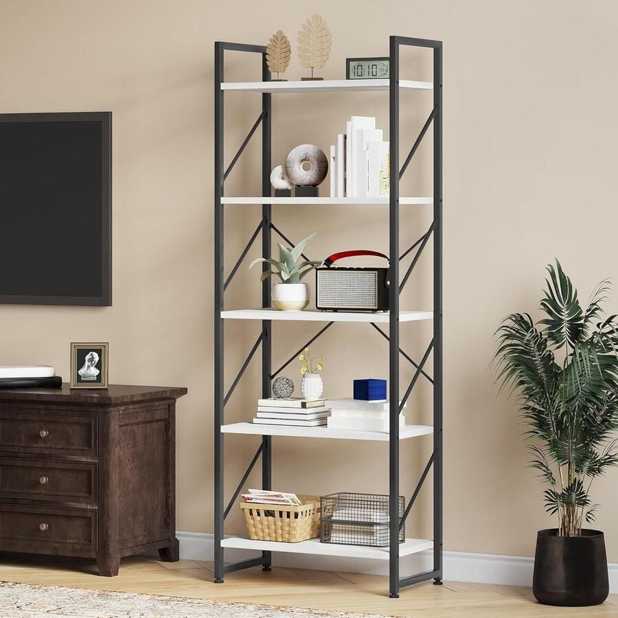 Vloerstaande Boekenkast met 5 Niveaus – Houten Planken en Metalen Frame Wit