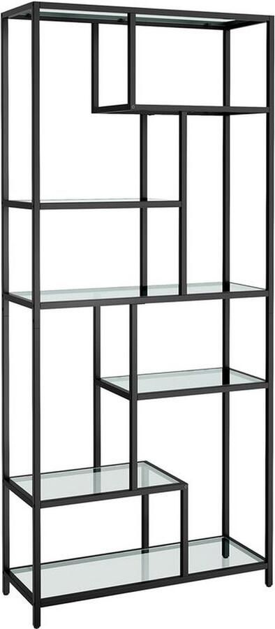 Boekenkast – Opbergkast – Met 6 planken – Metalen frame – Glazen Niveaus – Zwart