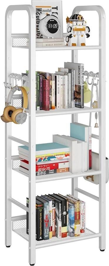 Boekenkast opbergrek 4 niveaus 8 stuks S-haken metalen frame Vrijstaand wit organiser voor woonkamer thuiskantoor Badkamerslaapkamer met minimalistische stijl