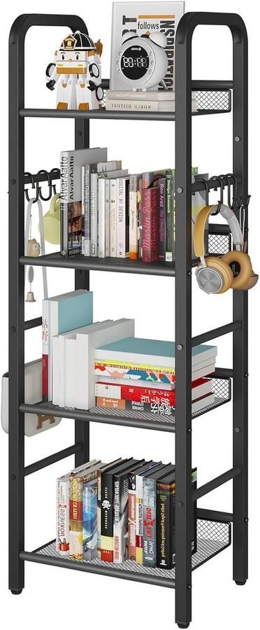 Boekenkast opbergrek met 5 niveaus 8 stuks S-haken metalen frame vrijstaand minimalistische stijl organizer voor woonkamer thuiskantoor slaapkamer zwart