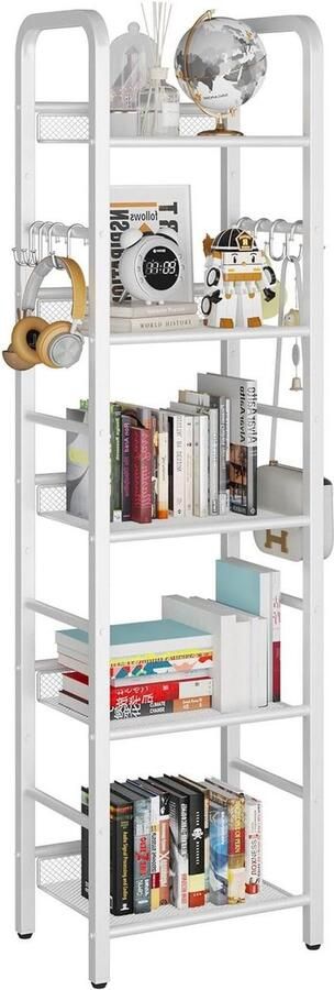Boekenkast opbergrek met 5 niveaus Metalen frame Vrijstaand Wit Organizer voor woonkamer thuiskantoor S-haken Minimalistische stijl
