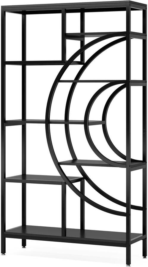 Boekenkast – Open Kast – Plankenrek – Opbergmeubel – Houten Frame – Industrieel Metalen Frame – 8-Laags Geometrisch Design Zwart