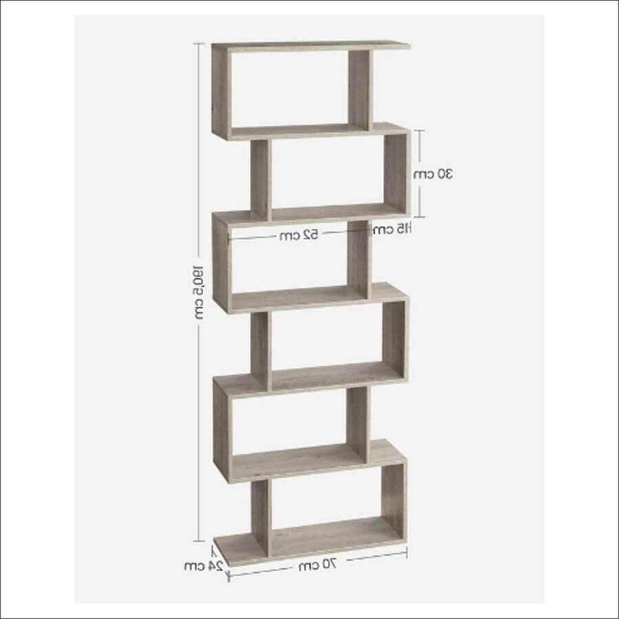 Boekenkast S-vorm Greige Vrijstaand 6 niveaus Moderne open kast Voor woonkamer slaapkamer en kantoor 24x70x190 5 cm Houtlook Met anti-kantel beveiliging