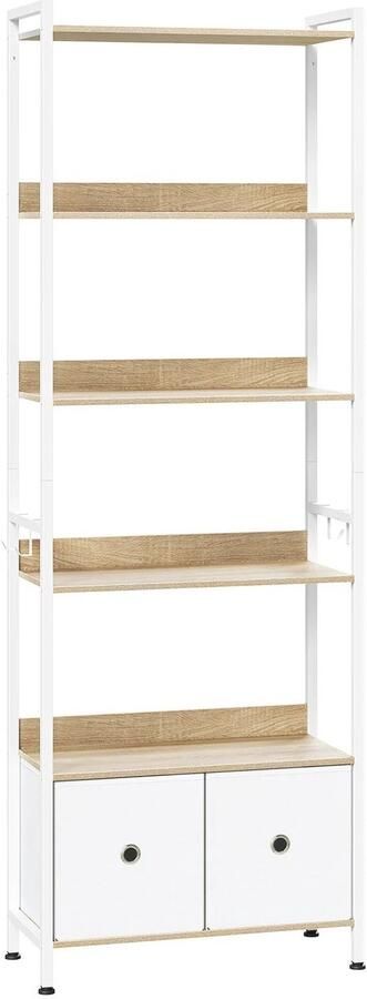 Boekenkast staand – 5 planken – Metalen frame – Open opbergrekken – Inclusief stoffen lades en haken – Licht eiken type 2 – Stevig en waterafstotend – Ruimtebesparend – Veilig met kantelbeveiliging