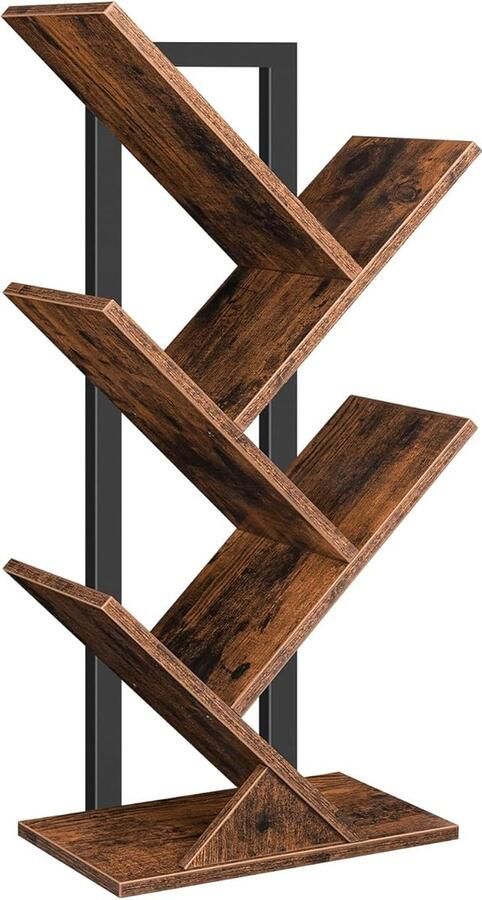 Boekenkast staand rek met 4 niveaus houten dvd-plank in boomvorm metalen frame voor woonkamer werkkamer kinderkamer vintage bruin EBF04SJ01G1