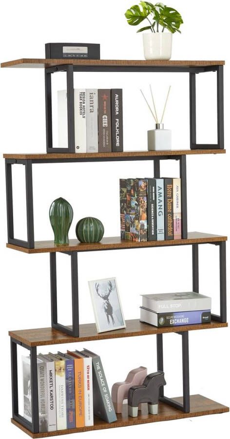 Boekenkast staand rek met 4 niveaus opbergrek van hout S-vorm industrieel design 74 x 24 x 128 cm decoratief rek voor planten en boeken woonkamer slaapkamer kantoor bruin