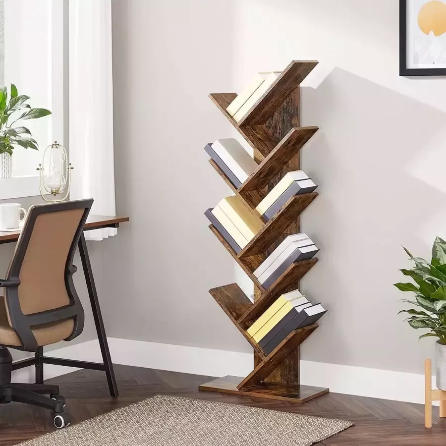 Boekenkast staande plank met 8 niveaus in boomvorm gemaakt van hout voor woonkamer thuiskantoor en kantoor vintage donkerbruin LBC11BX