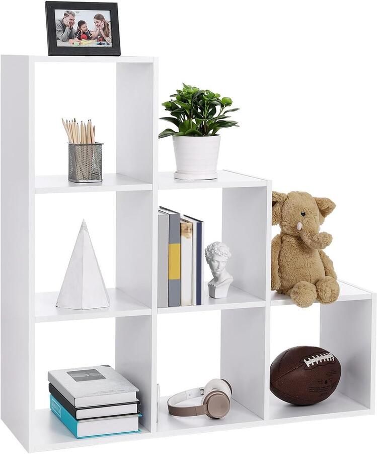 Songmics VASAGLE boekenkast trappenrek met 6 vakken 6 dobbelstenen tentoonstelling van hout vrijstaand rek ruimteverdeler 97 5 x 97 5 x 29 cm wit LBC63WT