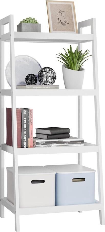 Retadou Boekenkast van bamboe-ladder badkameropbergrek vrijstaande plantenstandaard ruimtebesparende planken voor slaapkamer keuken balkon (wit 4 planken 99 cm H))