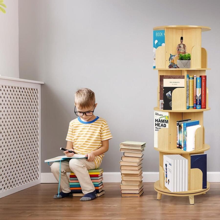 Boekenkast van massief hout draaibaar rek op wielen 360° beweegbaar staand opbergrek multifunctioneel CD DVD rek houten kinderen en volwassenen 4 planken Boekenkast kind