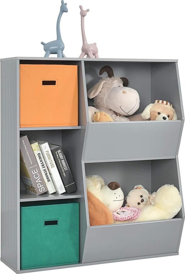 Boekenkast voor kinderen 3 verdiepingen tellend kinderrek met 2 dozen en 5 vakken speelgoedrek opbergrek van hout voor kinderkamer slaapkamer 76 x 28 x 94 cm (grijs 5 vakken)