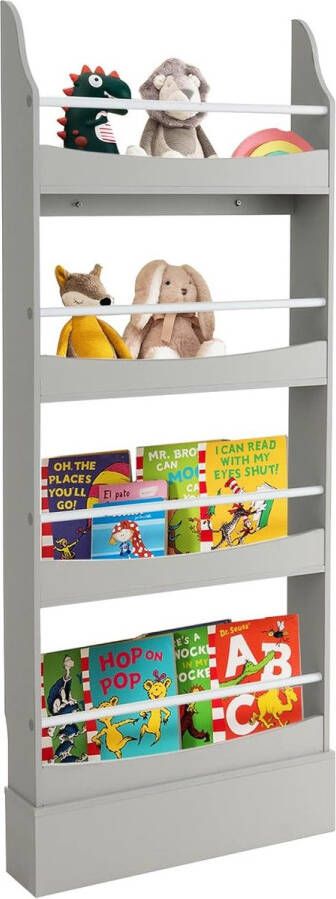 Boekenkast voor kinderen kinderrek met 4 planken wandrek met kantelbeveiliging voor speelgoed en boeken smalle boekenorganizer voor kinderkamer woonkamer grijs 60 x 14 x 147 cm