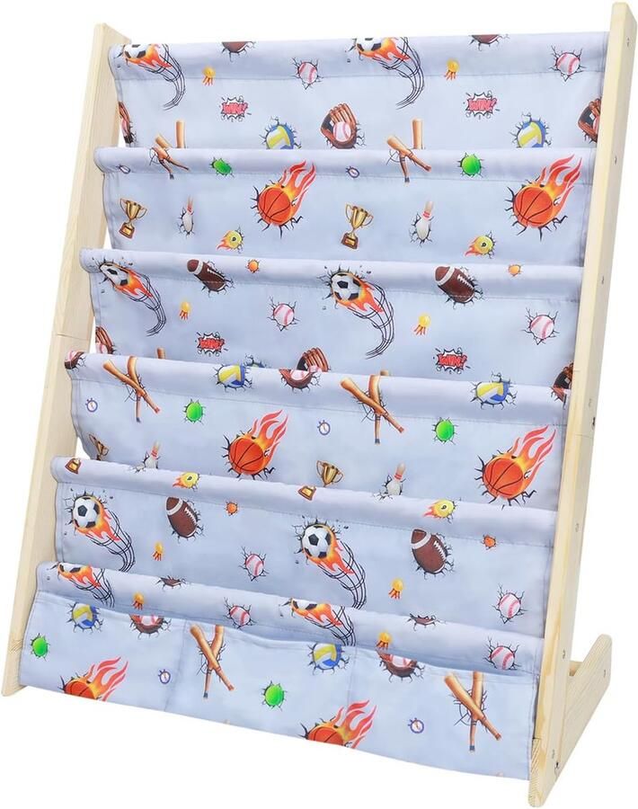 Boekenkast voor kinderen kinderrek rek klein boekenkast met 5 planken en 3 vakken opbergrek boekenorganizer van grenen en Oxford-stof (sportballen)