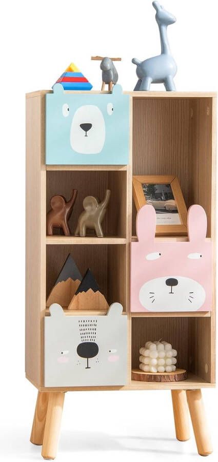 Boekenkast voor kinderen kinderrek van hout met 3 laden en 4 open vakken speelgoedrek voor speelkamer slaapkamer kinderkamer klaslokaal